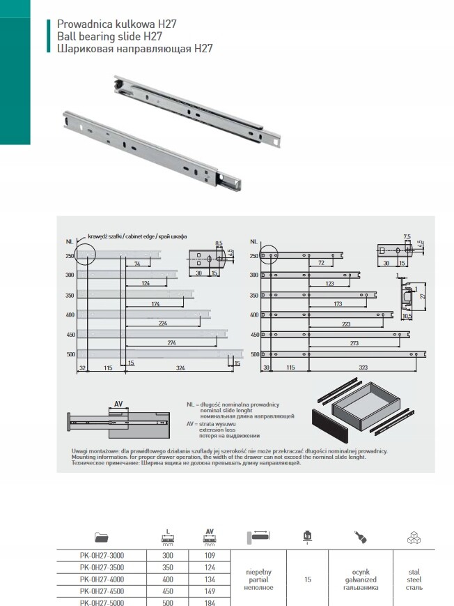 Ball Bearing Drawer Runners 27mm Partial Extension 15kg Pair - Image 8