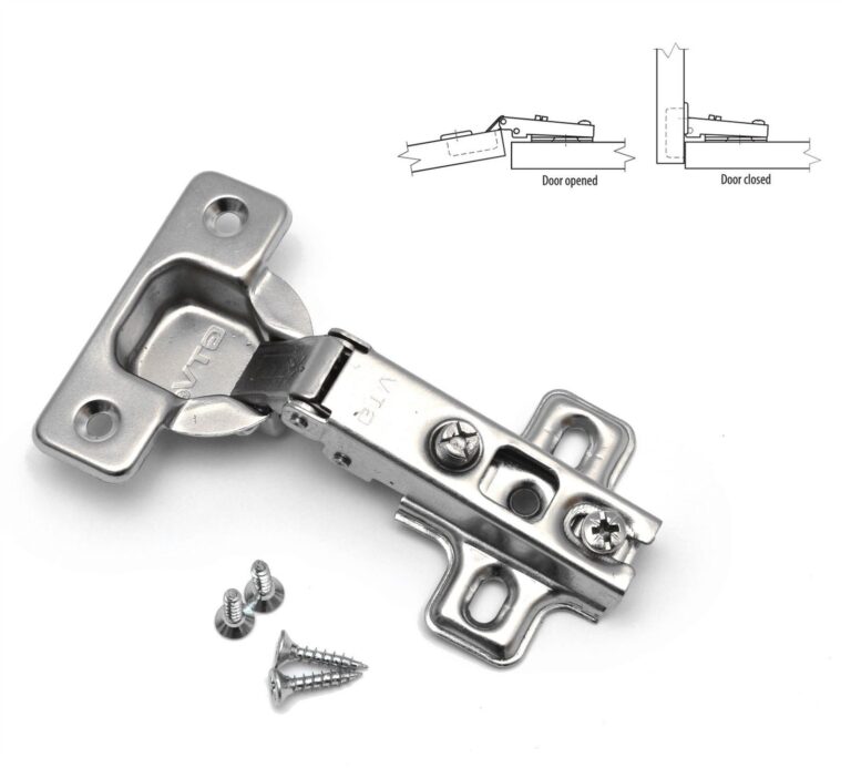 Steel full-overlay cabinet hinge with clip-on mounting and fixing screws