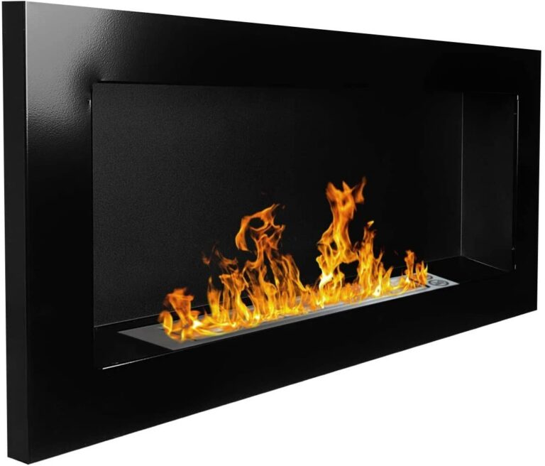 Black rectangular bioethanol fireplace with a recessed opening and visible flames, shown at an angle