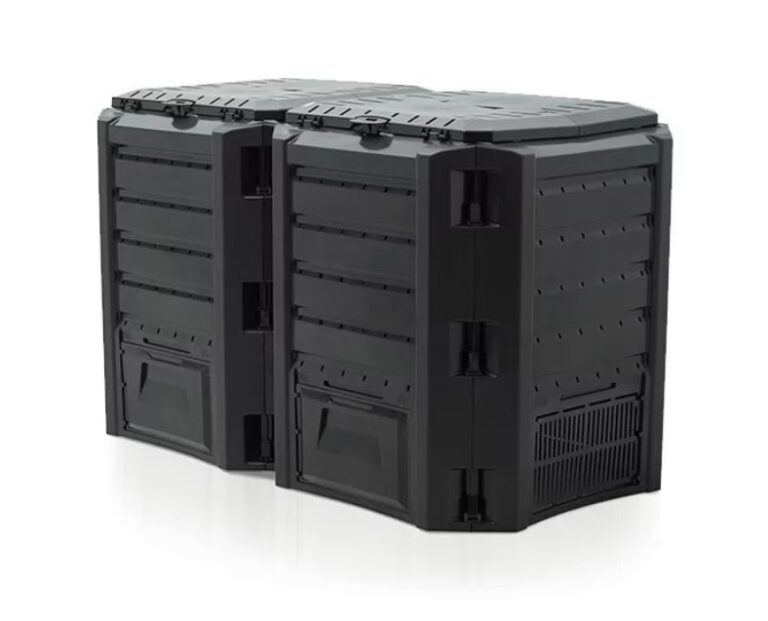 Black double modular garden composter with two top lids and two lower access flaps
