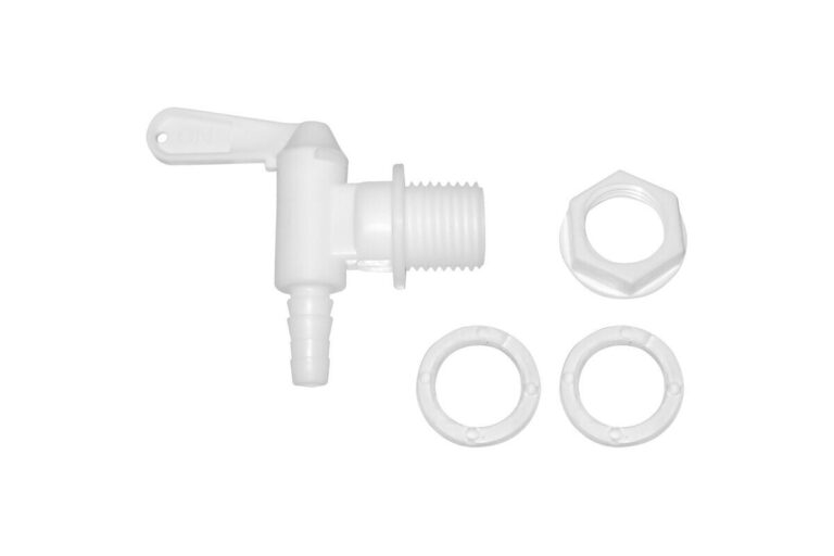White plastic bucket tap beside a locknut and two sealing washers