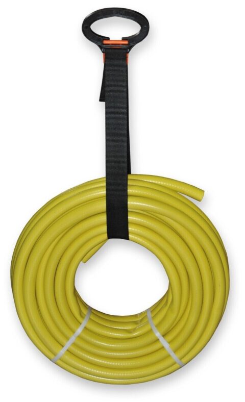 Black nylon hose-hanging strap with a large plastic loop handle and orange buckle detail