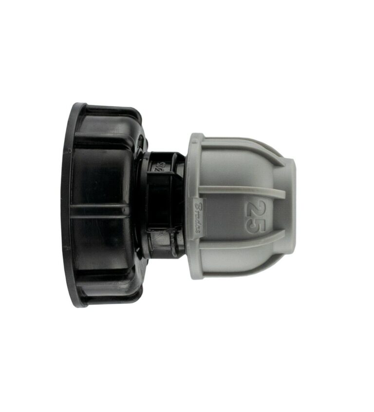 Black IBC adapter joined to a grey compression pipe fitting