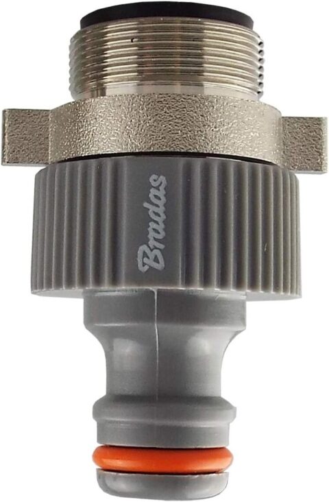 Metal threaded tap adaptor with side grips, a grey hose connector and an orange sealing ring