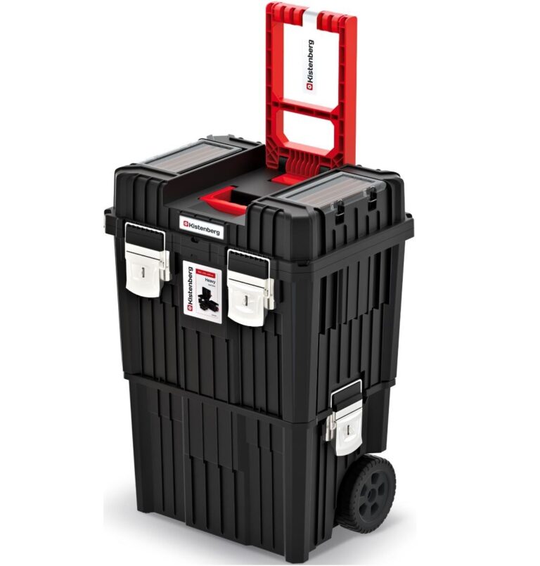 Black wheeled Kistenberg tool chest with red pull handle, silver latches and clear lid organisers