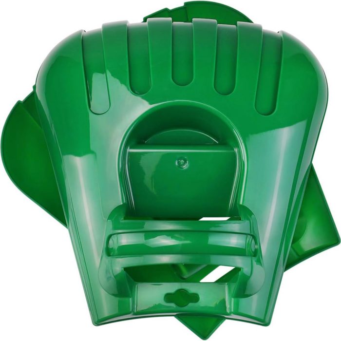Two large green plastic leaf grabbers with hand grips and curved scooping edges