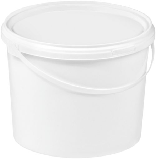 White round plastic bucket with an open top and a swing handle