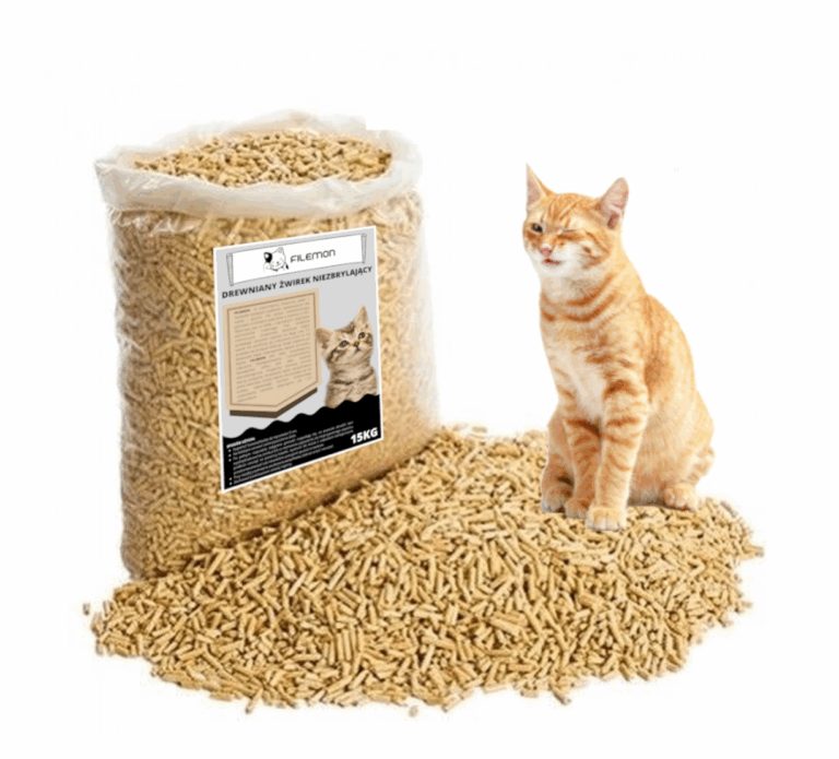 Bag of pale wood pellet cat litter shown beside loose pellets and a ginger cat
