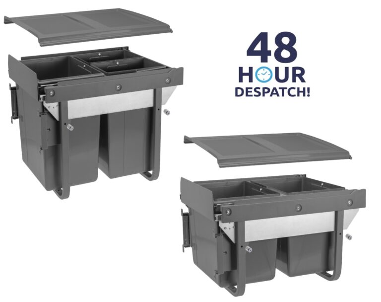 Anthracite pull-out kitchen bin systems with removable grey lids and mounting frames