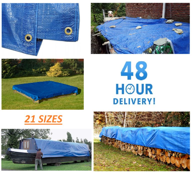 Blue tarpaulin shown close up with metal eyelets and covering items outdoors