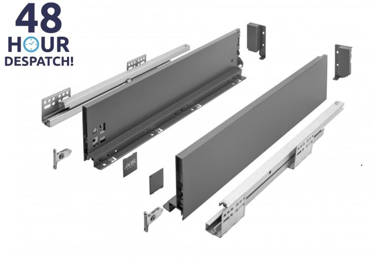 Anthracite AXIS PRO drawer sides, runners and connecting brackets laid out as a kit
