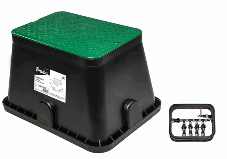 Black underground irrigation valve box with a textured green lid and an inset showing a valve layout