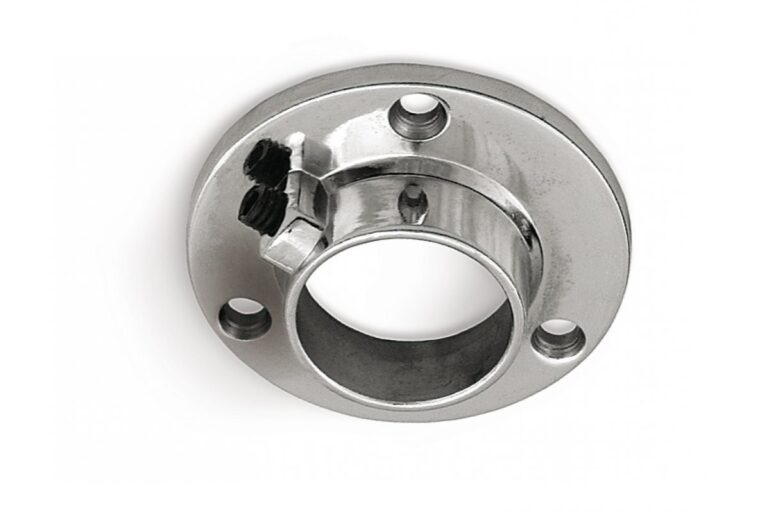 Chrome circular end support bracket for a 25mm round wardrobe rail with retaining screw