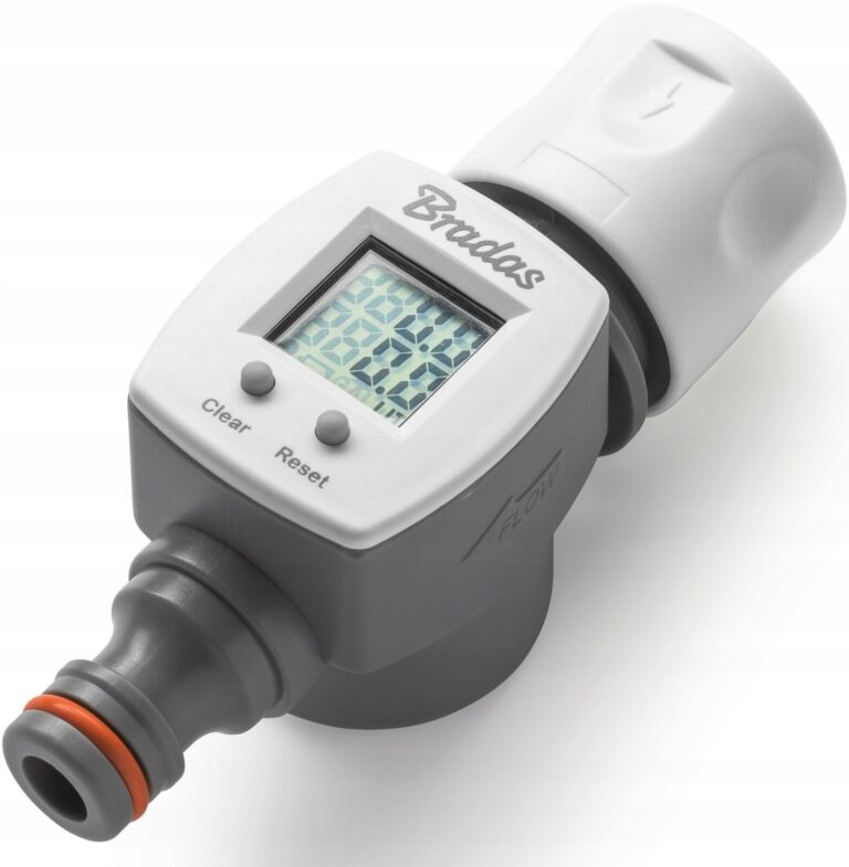 Grey and white hose water counter with an LCD screen, Clear and Reset buttons, and quick-connect ends