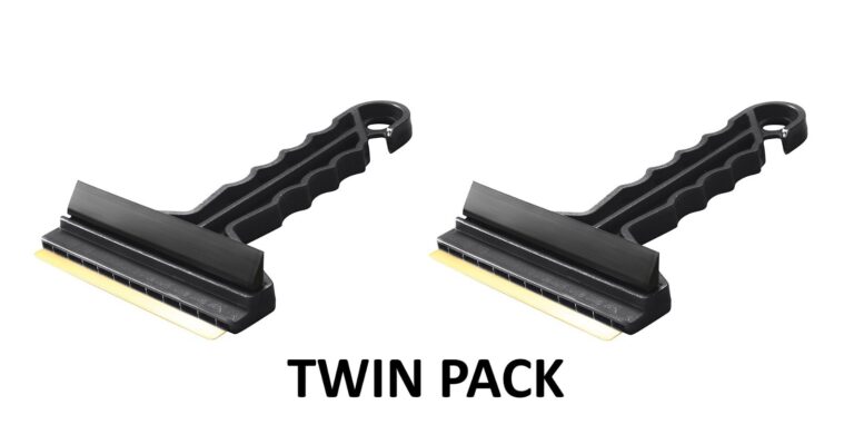 Two black windscreen ice scrapers with brass-coloured edges and rubber squeegees, captioned Twin Pack
