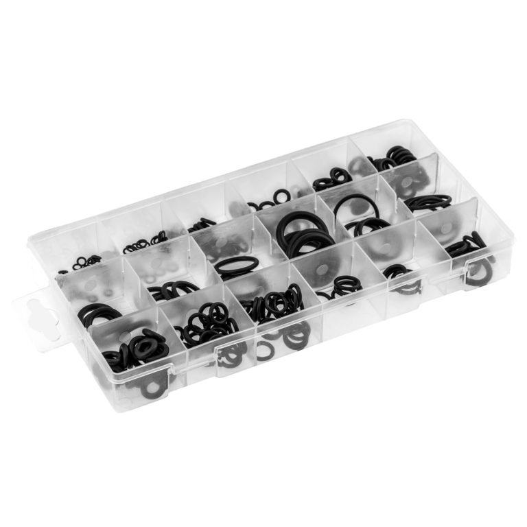 Black O-rings of assorted diameters arranged in a clear compartment organiser