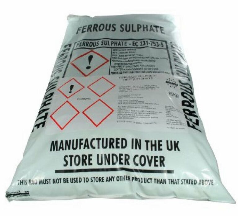 25kg bag of ferrous sulphate with product and hazard labelling