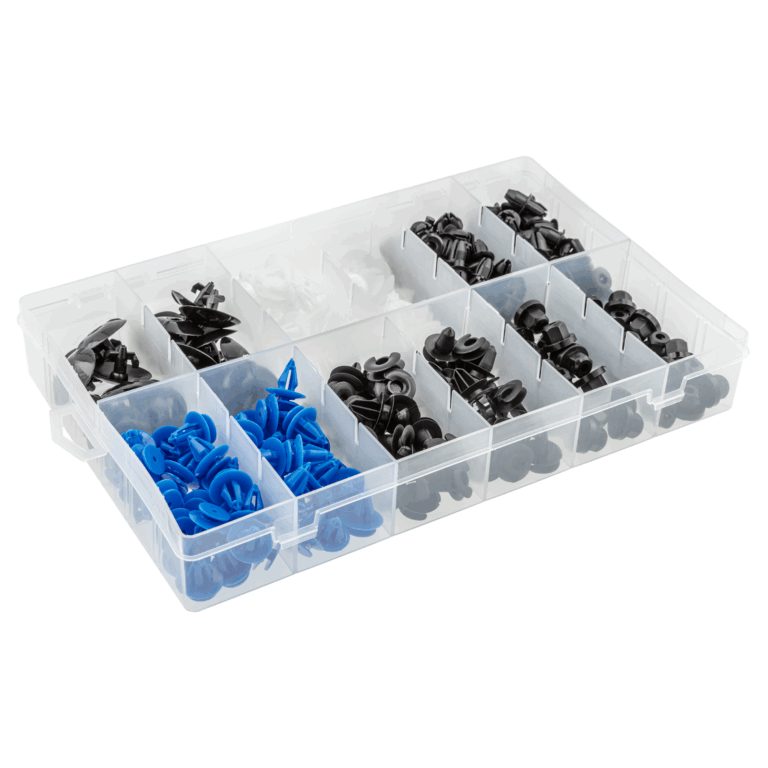 Black, white and blue plastic trim clips arranged by type in a transparent compartment case