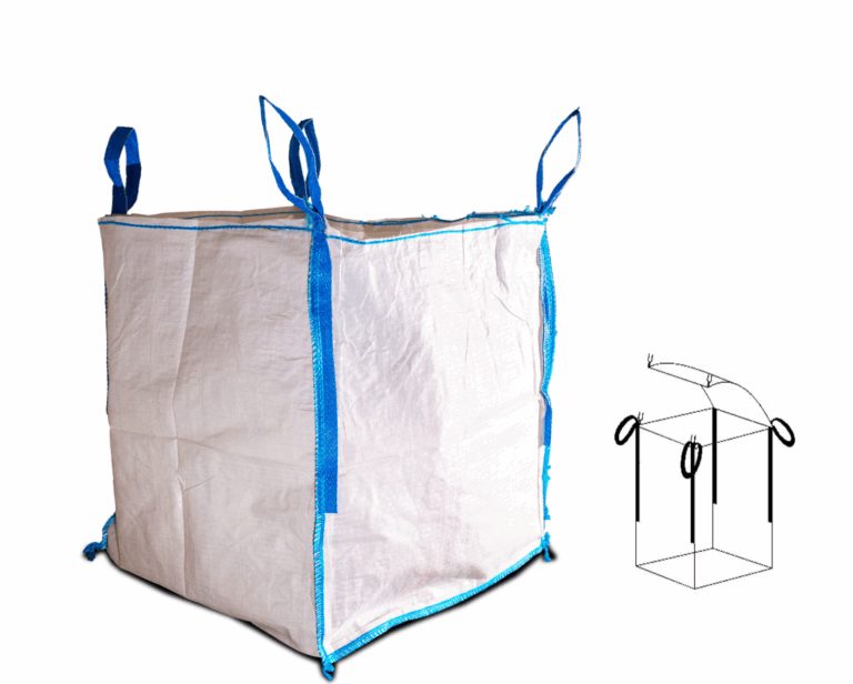 White woven bulk bag with blue lifting loops beside a dimension diagram