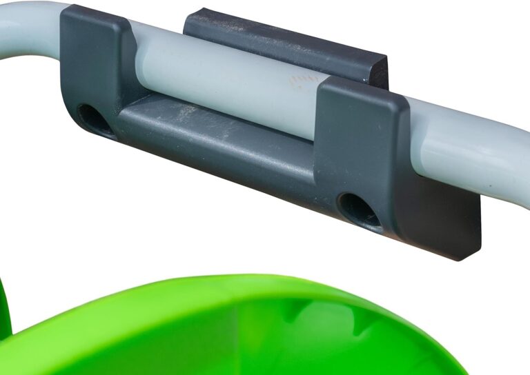 Grey wall bracket gripping a round hose reel frame bar, with part of a green reel below