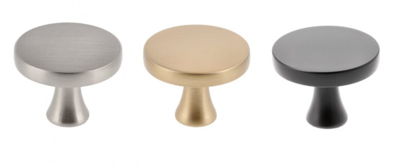 Round Dune cabinet knobs shown in brushed steel, gold and black finishes