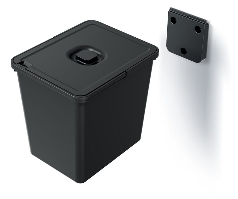 Black lidded rectangular recycling bin shown beside a separate wall-mount bracket