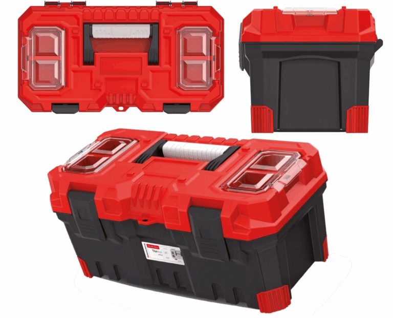 Black tool box with red lid, carry handle and two clear lid organisers, shown from three angles