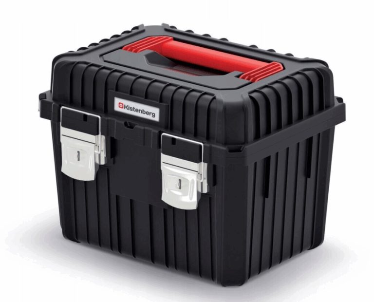 Black tool box with a red carry handle and two metal front latches