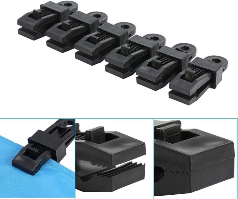 Black tarpaulin clips with thumb screws and tie-down holes, including close-up views of the jaws