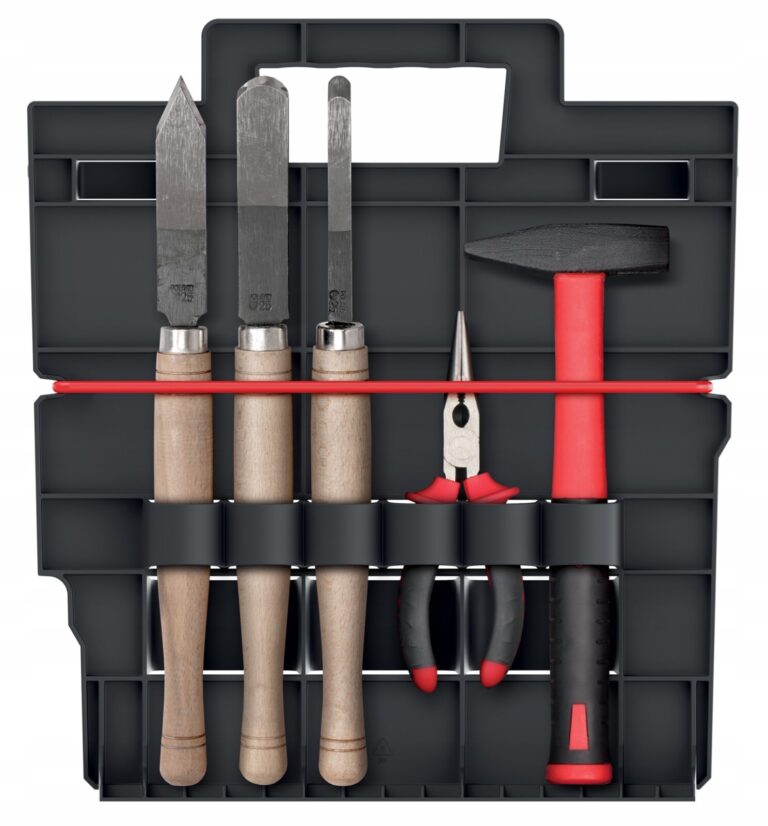 Black compartmented tool carrier shown holding chisels, pliers and a hammer