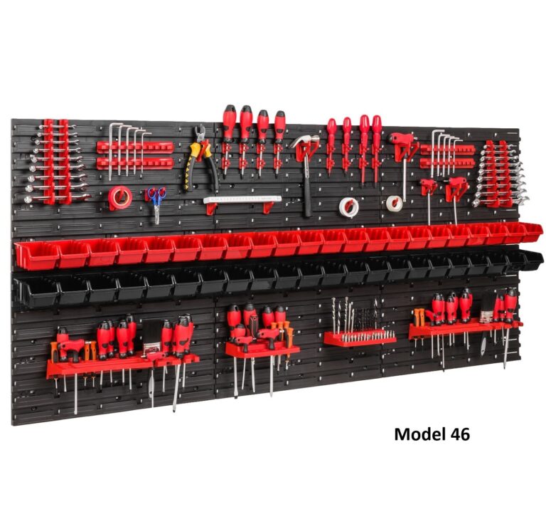 Black tool pegboard with red and black storage bins, shown with hand tools and red holders