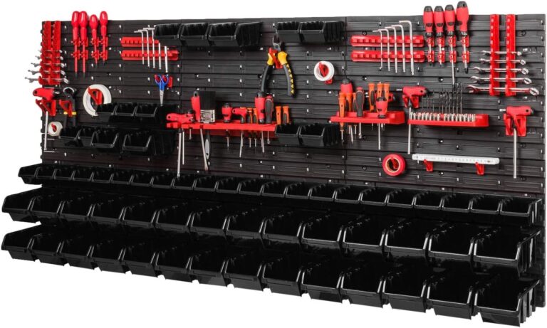 Wide black tool pegboard with black bins and red holders, shown storing hand tools