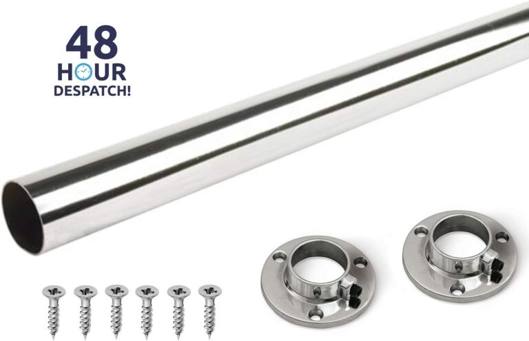 Chrome round wardrobe rail with two circular end brackets and fixing screws