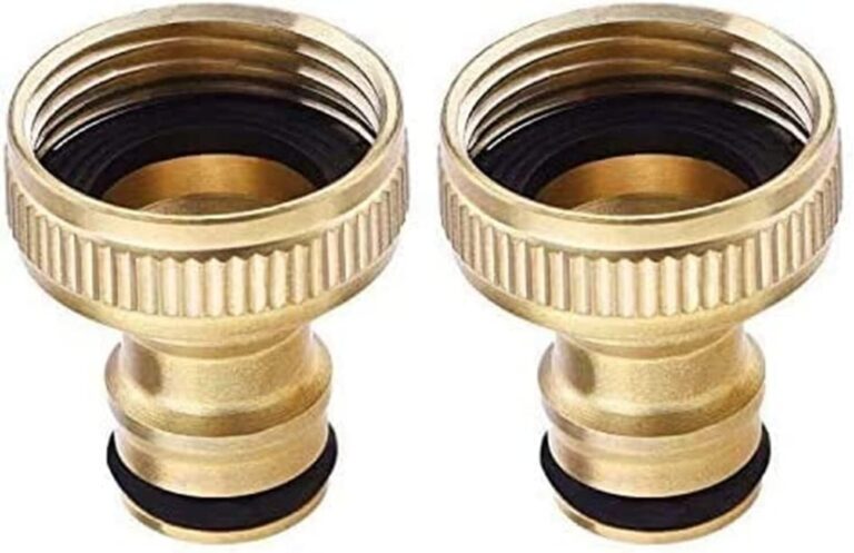 Two brass tap connectors with female threaded collars, male quick-connect ends and black sealing rings