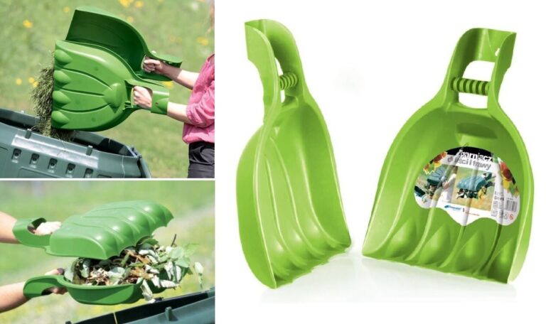 Two green leaf grabbers with open handles, shown beside photos of collecting garden debris