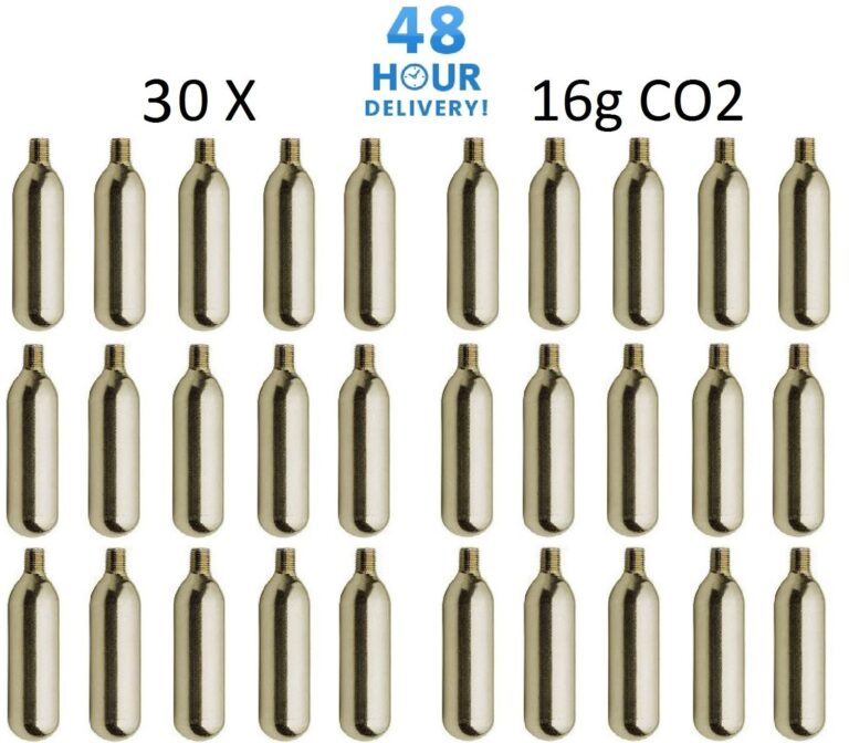 Thirty threaded CO2 cartridges shown in three rows, with a 16g pack-of-30 label
