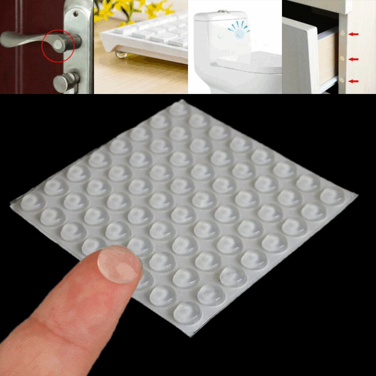 Sheet of clear round self-adhesive bumper pads with examples of furniture applications