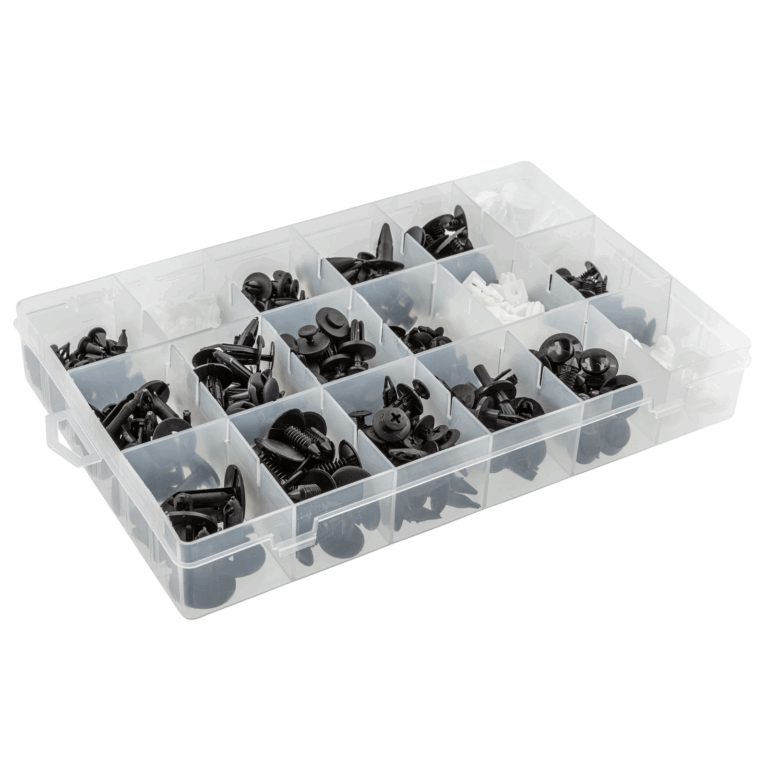 Assorted black and white plastic trim clips arranged in a clear compartment storage box