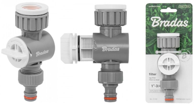 Views of a grey garden tap filter with its mesh basket and retail packaging