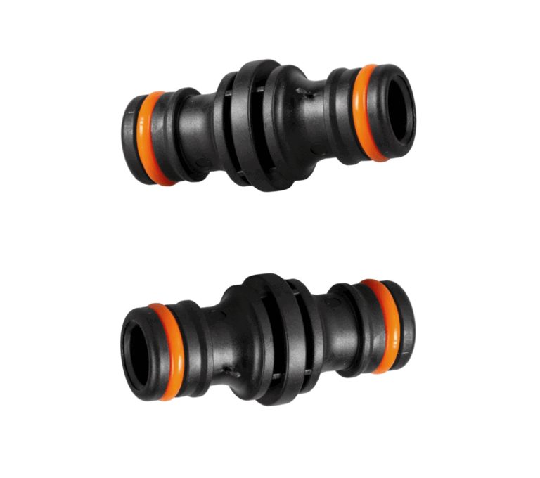 Two black double-male hose quick couplers with orange sealing rings