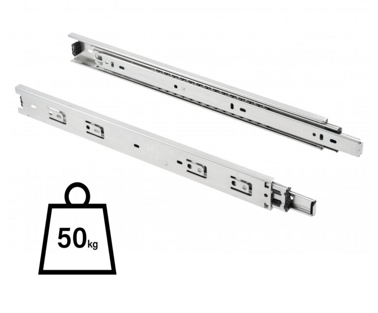 Pair of silver-coloured ball-bearing drawer runners shown partly extended