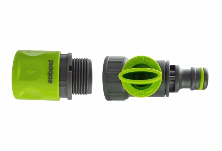 Green and grey flow-control valve with a male hose connector and a separate female click-lock fitting