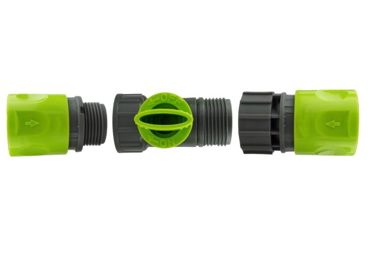 Green and grey female hose connectors shown separated from an in-line valve with a green on-off control