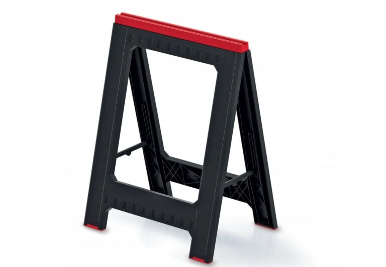 Single black folding sawhorse with a red top rail and red foot caps