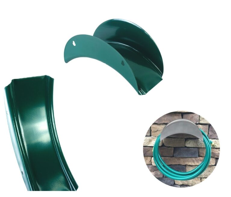 Green curved metal hose hanger shown from two angles and holding a hose in an inset