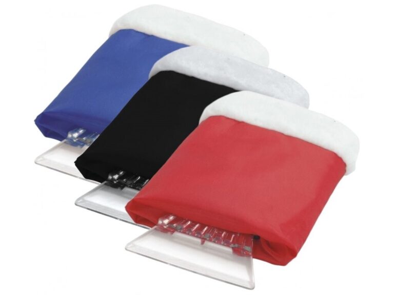 Ice scrapers with blue, black and red insulated hand sleeves and white cuffs
