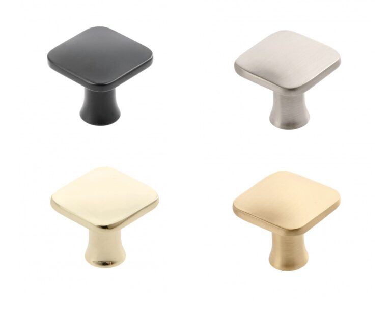 Square Piazza cabinet knobs in black, brushed steel, brass-coloured and gold finishes