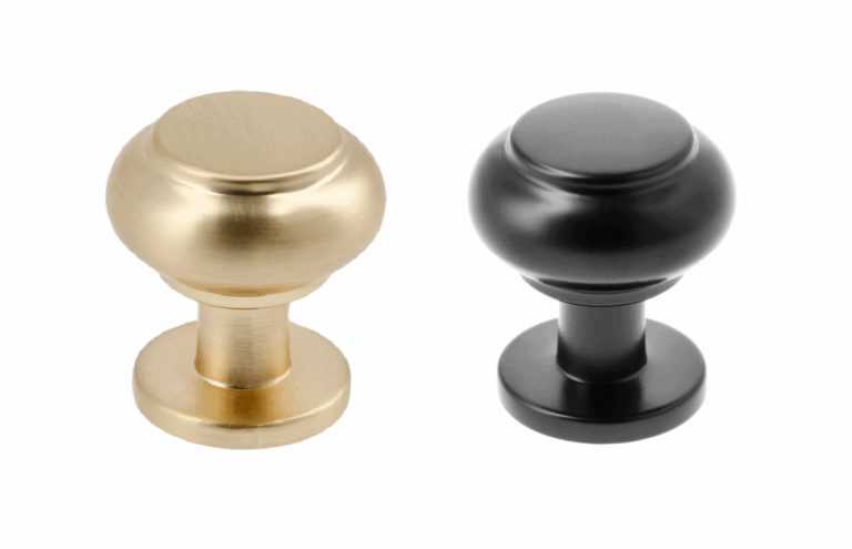 Stilo round cabinet knobs in brushed gold and matt black finishes