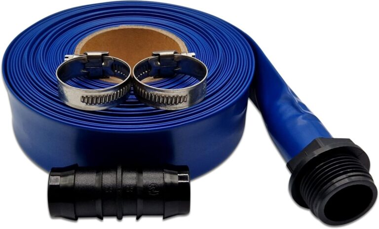 Blue layflat hose kit with two clips, a joiner and threaded pond connector