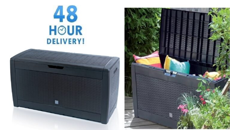 Anthracite rattan-effect garden storage box shown closed and open with cushions inside
